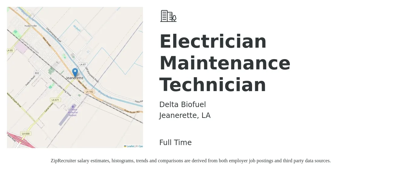 Delta Biofuel job posting for a Electrician Maintenance Technician in Jeanerette, LA with a salary of $22 to $28 Hourly with a map of Jeanerette location.