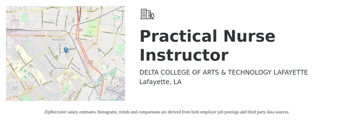 DELTA COLLEGE OF ARTS & TECHNOLOGY LAFAYETTE job posting for a Practical Nurse Instructor in Lafayette, LA with a salary of $38,200 to $55,200 Yearly with a map of Lafayette location.