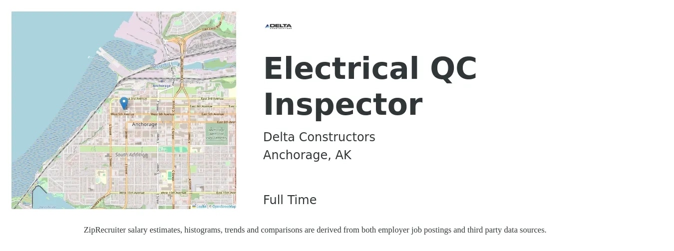 Delta Constructors job posting for a Electrical QC Inspector in Anchorage, AK with a salary of $18 to $25 Hourly with a map of Anchorage location.