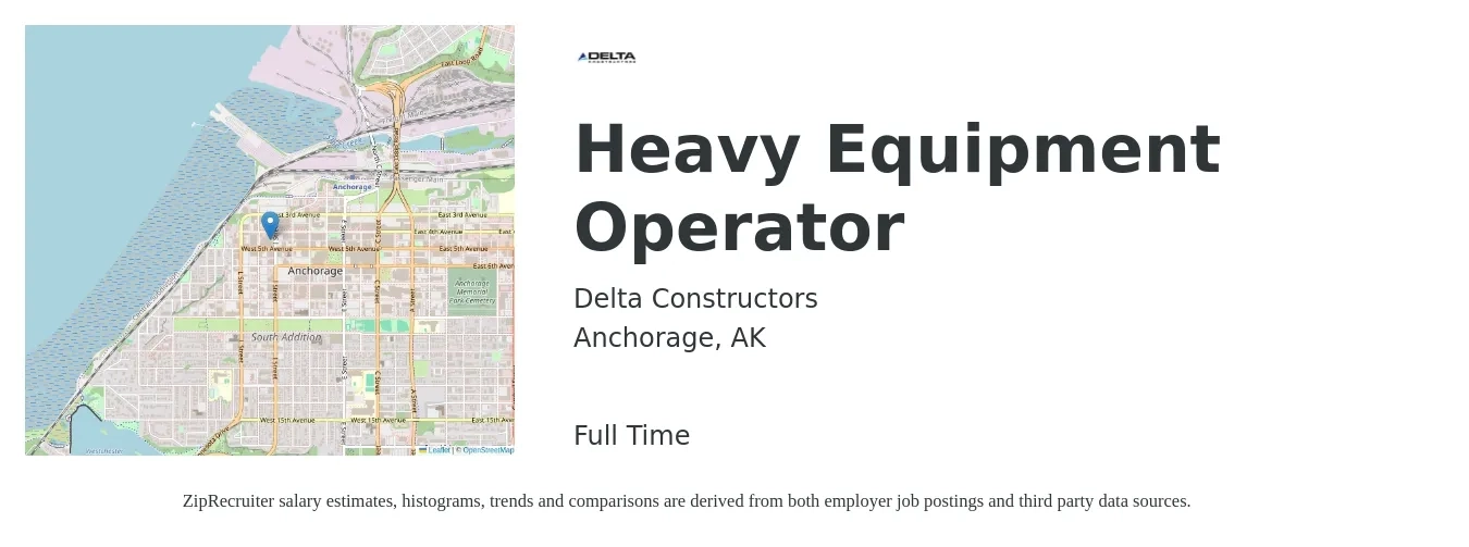 Delta Constructors job posting for a Heavy Equipment Operator in Anchorage, AK with a map of Anchorage location.