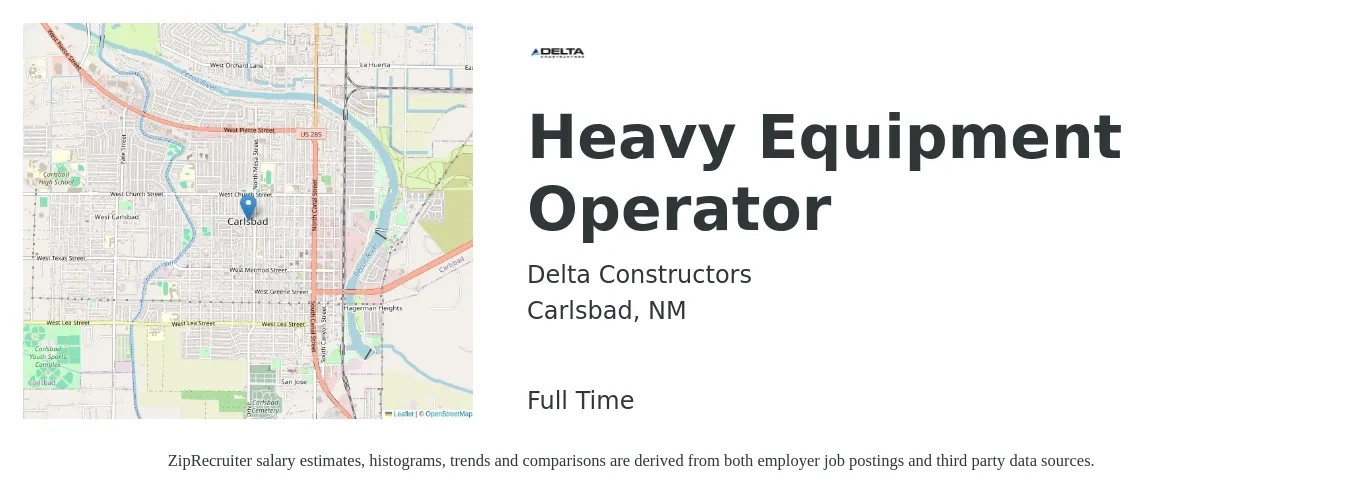Delta Constructors job posting for a Heavy Equipment Operator in Carlsbad, NM with a salary of $17 to $24 Hourly with a map of Carlsbad location.