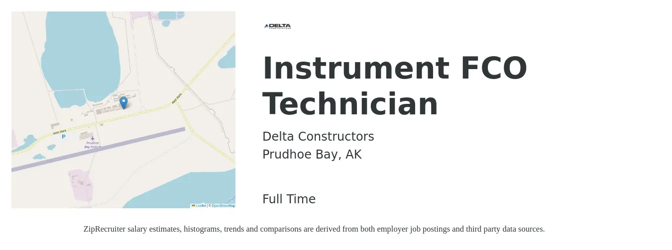 Delta Constructors job posting for a Instrument FCO Technician in Prudhoe Bay, AK with a salary of $28 to $42 Hourly with a map of Prudhoe Bay location.