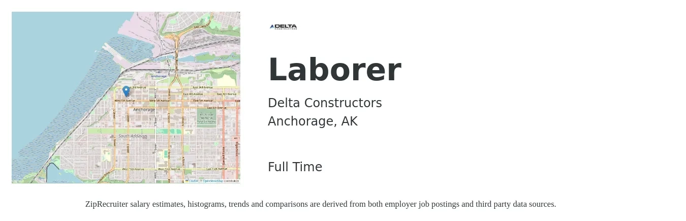 Delta Constructors job posting for a Laborer in Anchorage, AK with a salary of $16 to $20 Hourly with a map of Anchorage location.