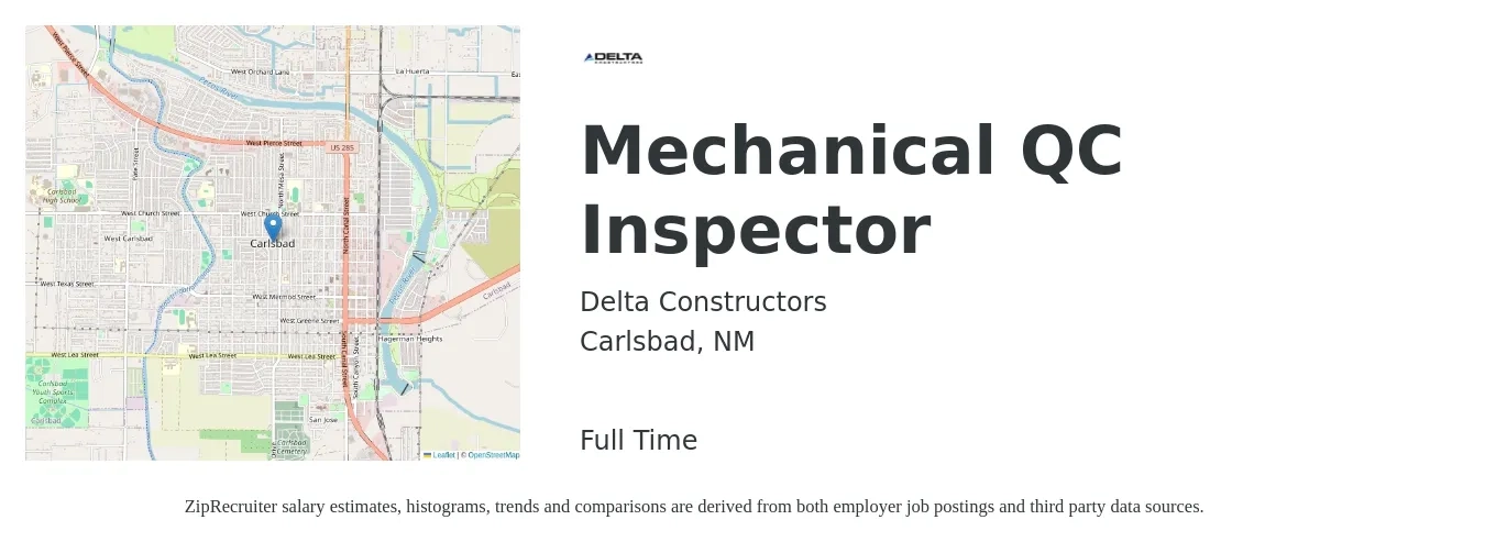Delta Constructors job posting for a Mechanical QC Inspector in Carlsbad, NM with a salary of $15 to $21 Hourly with a map of Carlsbad location.