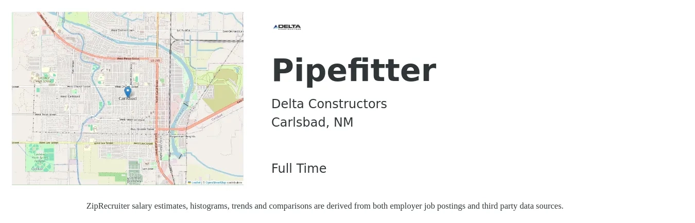Delta Constructors job posting for a Pipefitter in Carlsbad, NM with a salary of $21 to $27 Hourly with a map of Carlsbad location.