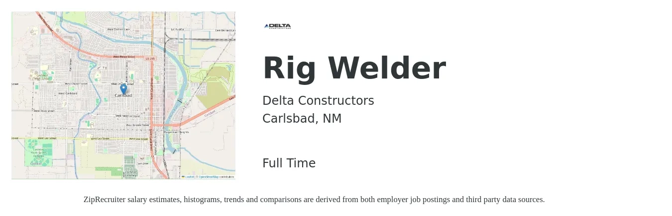Delta Constructors job posting for a Rig Welder in Carlsbad, NM with a salary of $30 to $42 Hourly with a map of Carlsbad location.