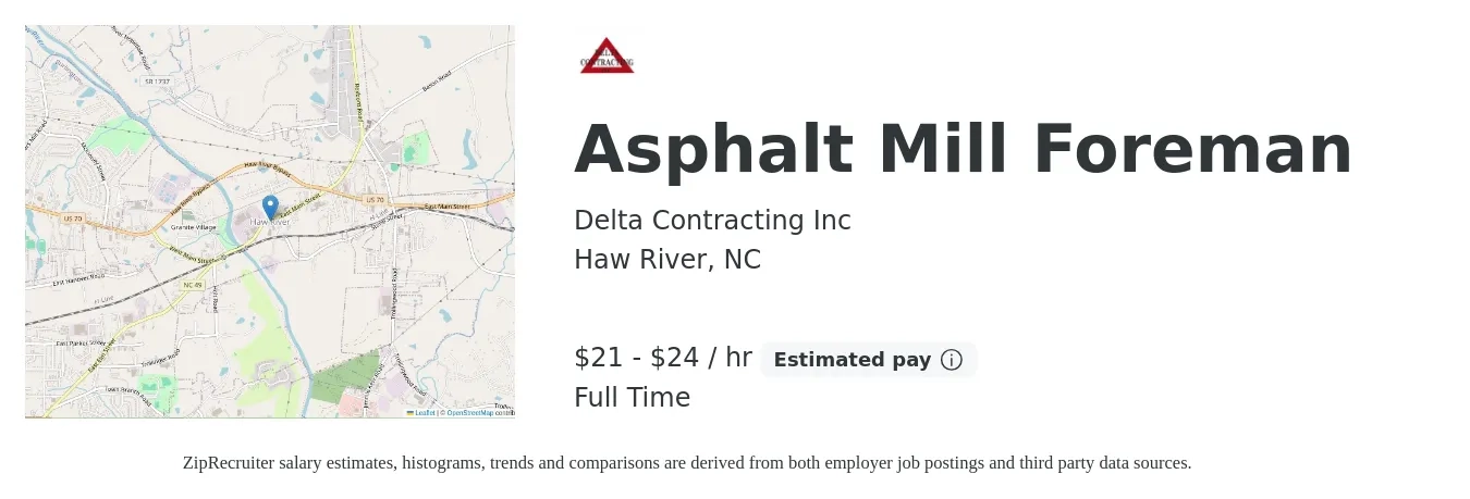 Delta Contracting Inc job posting for a Asphalt Mill Foreman in Haw River, NC with a salary of $22 to $25 Hourly with a map of Haw River location.