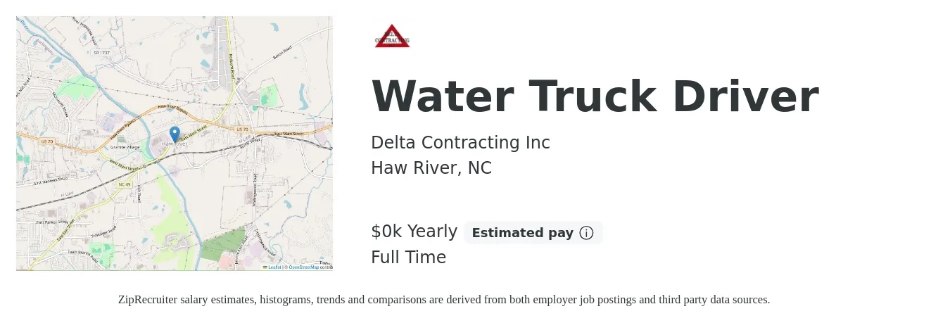 Delta Contracting Inc job posting for a Water Truck Driver in Haw River, NC with a salary of $16 to $19 Yearly with a map of Haw River location.