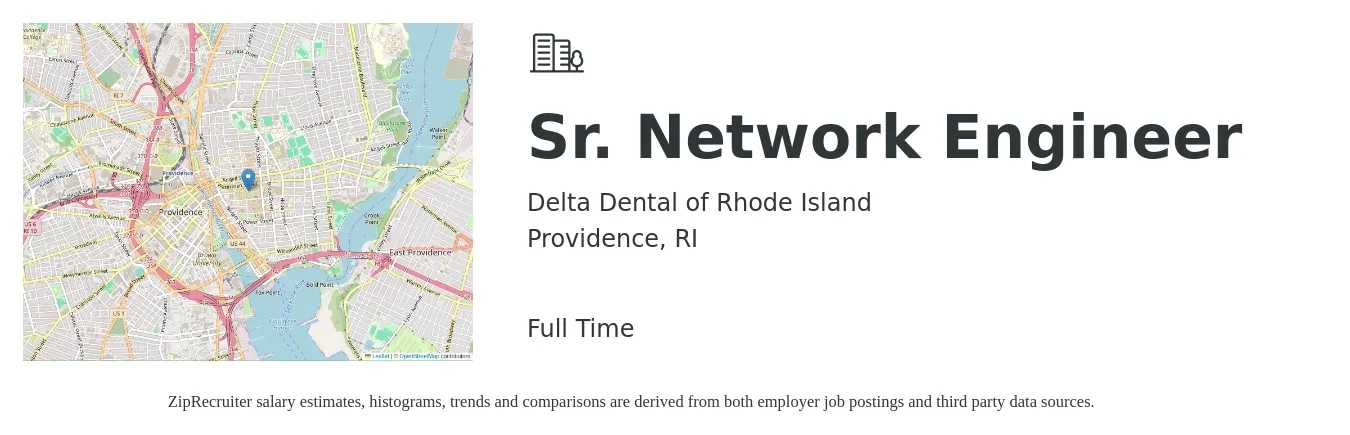 Delta Dental of Rhode Island job posting for a Sr. Network Engineer in Providence, RI with a salary of $105,100 to $144,000 Yearly with a map of Providence location.
