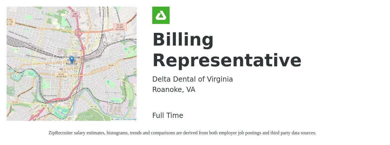 Delta Dental of Virginia job posting for a Billing Representative in Roanoke, VA with a salary of $18 to $23 Hourly with a map of Roanoke location.