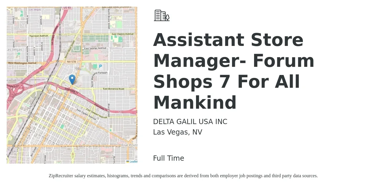 DELTA GALIL USA INC job posting for a Assistant Store Manager- Forum Shops 7 For All Mankind in Las Vegas, NV with a salary of $15 to $22 Hourly with a map of Las Vegas location.