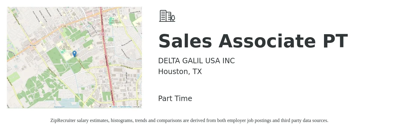 DELTA GALIL USA INC job posting for a Sales Associate PT in Houston, TX with a salary of $14 to $16 Hourly with a map of Houston location.