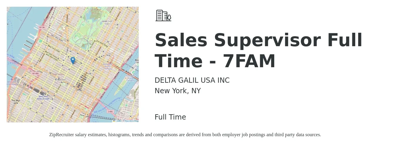 DELTA GALIL USA INC job posting for a Sales Supervisor Full Time - 7FAM in New York, NY with a salary of $43,900 to $76,300 Yearly with a map of New York location.