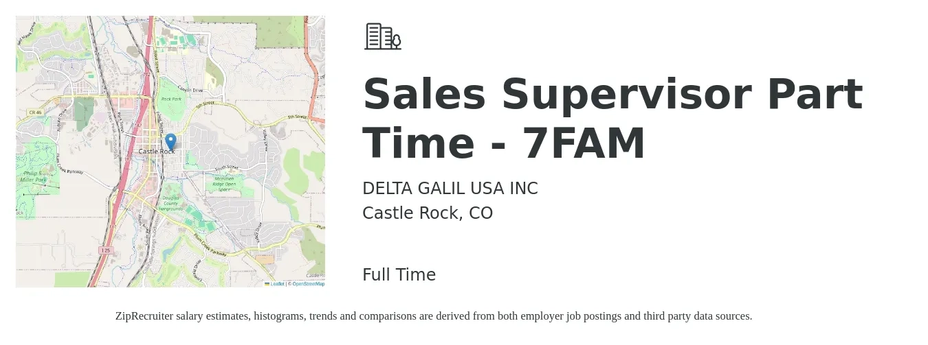 DELTA GALIL USA INC job posting for a Sales Supervisor Part Time - 7FAM in Castle Rock, CO with a salary of $41,700 to $72,500 Yearly with a map of Castle Rock location.