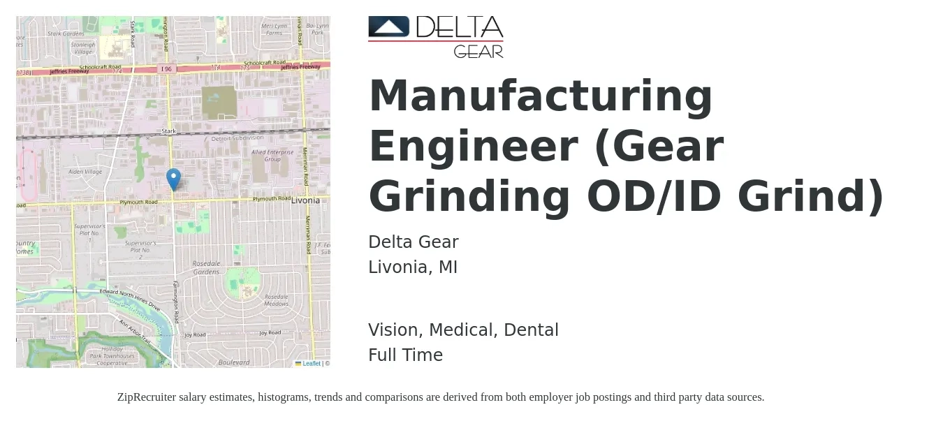 Delta Gear job posting for a Manufacturing Engineer (Gear Grinding OD/ID Grind) in Livonia, MI with a salary of $27 to $34 Hourly and benefits including vision, dental, life_insurance, medical, pto, and retirement with a map of Livonia location.