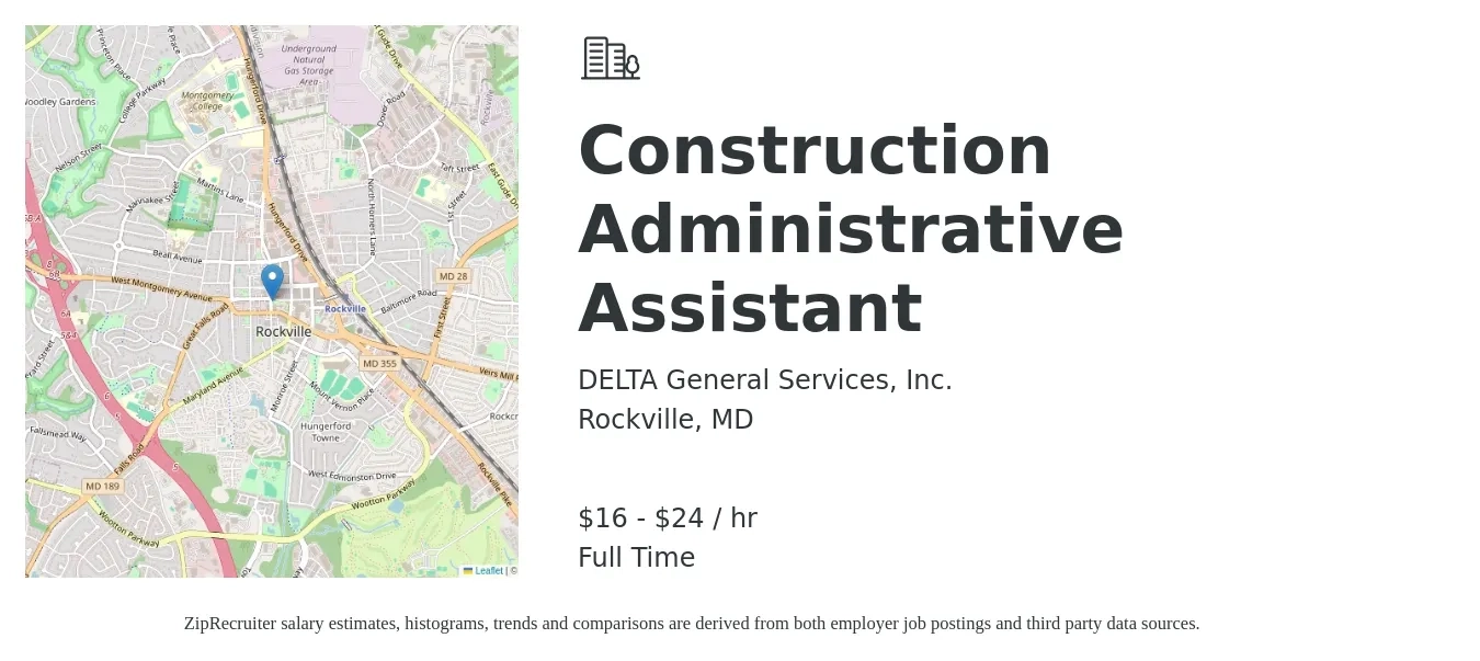 DELTA General Services, Inc. job posting for a Construction Administrative Assistant in Rockville, MD with a salary of $17 to $25 Hourly with a map of Rockville location.