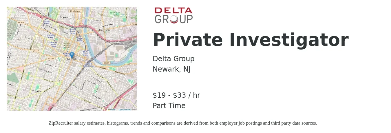 Delta Group job posting for a Private Investigator in Newark, NJ with a salary of $20 to $35 Hourly with a map of Newark location.