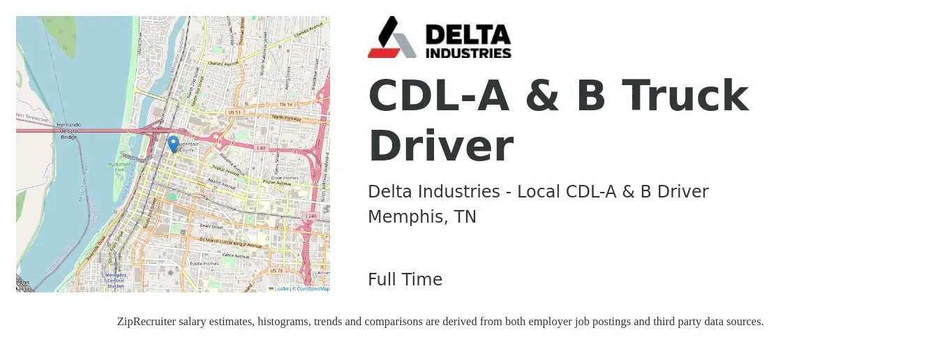 Delta Industries - Local CDL-A & B Driver job posting for a CDL-A & B Truck Driver in Memphis, TN with a salary of $80,000 Yearly with a map of Memphis location.