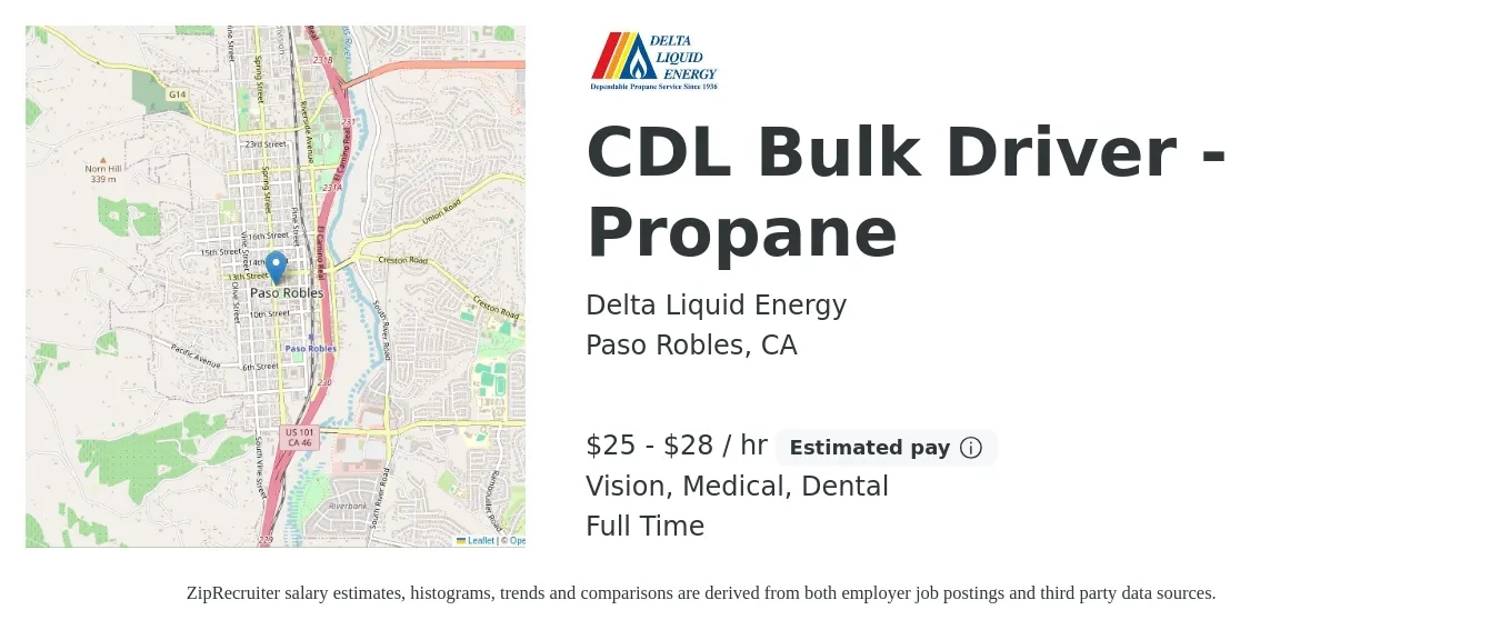 Delta Liquid Energy job posting for a CDL Bulk Driver - Propane in Paso Robles, CA with a salary of $26 to $30 Hourly and benefits including retirement, vision, dental, life_insurance, medical, and pto with a map of Paso Robles location.