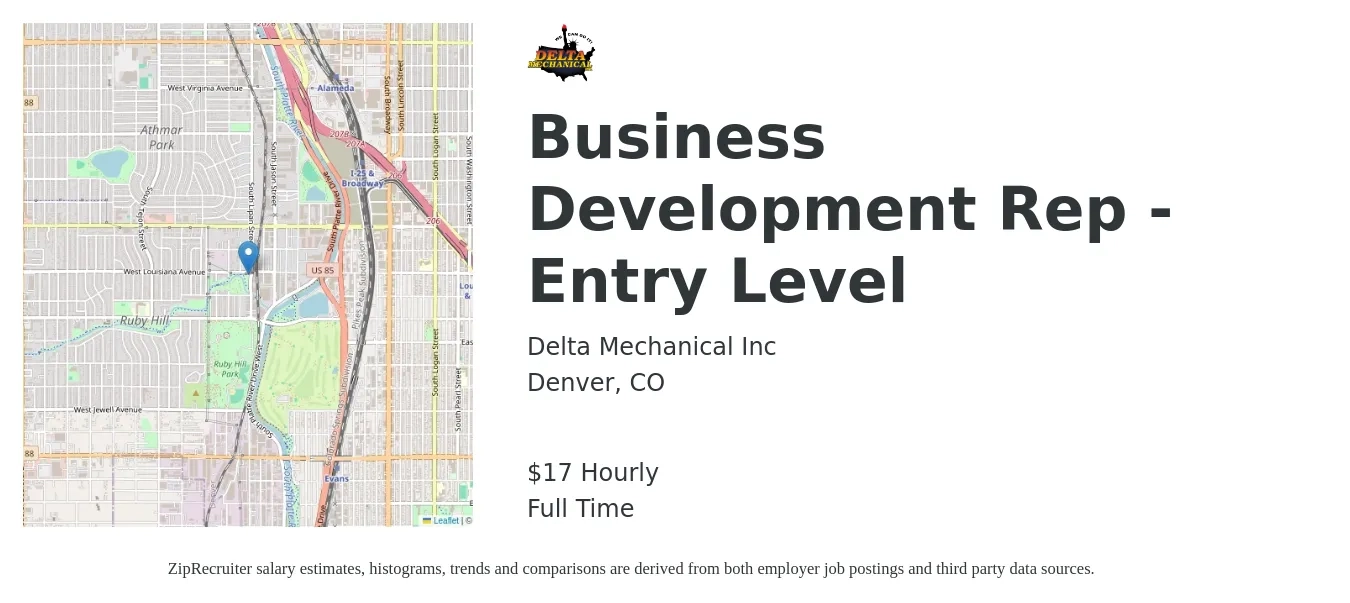 Delta Mechanical Inc job posting for a Business Development Rep - Entry Level in Denver, CO with a salary of $18 Hourly with a map of Denver location.