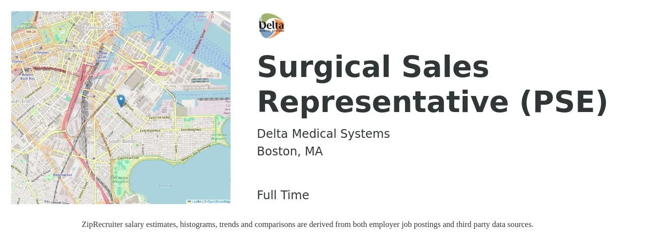 Delta Medical Systems job posting for a Surgical Sales Representative (PSE) in Boston, MA with a salary of $67,900 to $130,400 Yearly with a map of Boston location.
