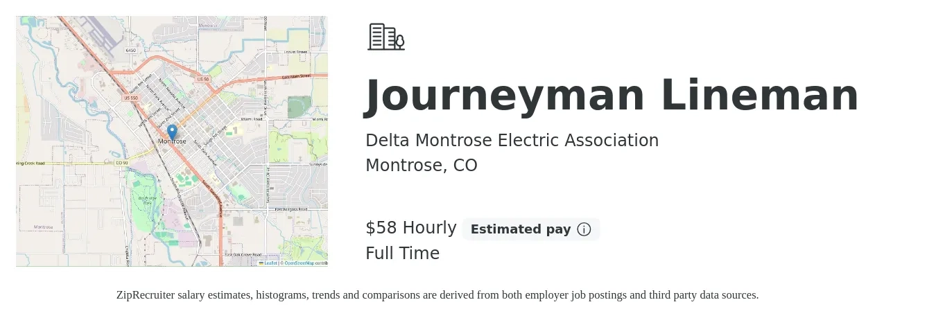 Delta Montrose Electric Association job posting for a Journeyman Lineman in Montrose, CO with a salary of $61 Hourly with a map of Montrose location.