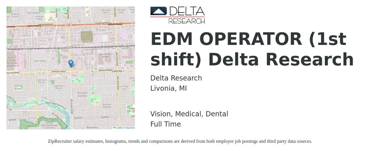Delta Research job posting for a EDM OPERATOR (1st shift) Delta Research in Livonia, MI with a salary of $19 to $25 Hourly and benefits including retirement, vision, dental, life_insurance, medical, and pto with a map of Livonia location.