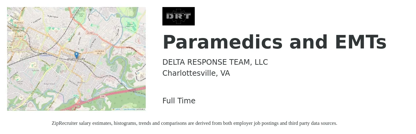 DELTA RESPONSE TEAM, LLC job posting for a Paramedics and EMTs in Charlottesville, VA with a salary of $21 to $29 Hourly with a map of Charlottesville location.