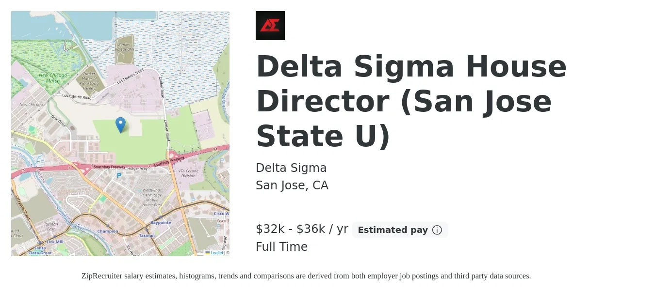 Delta Sigma job posting for a Delta Sigma House Director (San Jose State U) in San Jose, CA with a salary of $32,500 to $36,000 Yearly with a map of San Jose location.