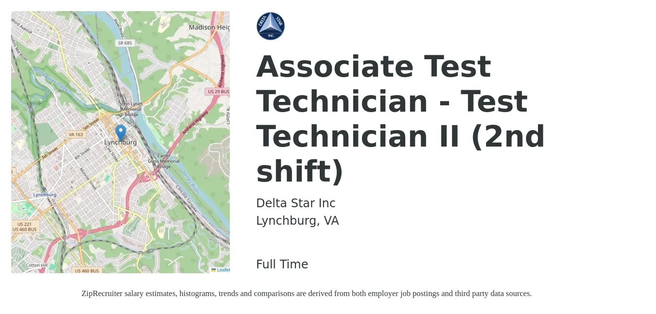 Delta Star Inc job posting for a Associate Test Technician - Test Technician II (2nd shift) in Lynchburg, VA with a salary of $22 to $29 Hourly with a map of Lynchburg location.