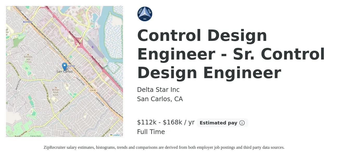 Delta Star Inc job posting for a Control Design Engineer - Sr. Control Design Engineer in San Carlos, CA with a salary of $54 to $81 Hourly with a map of San Carlos location.