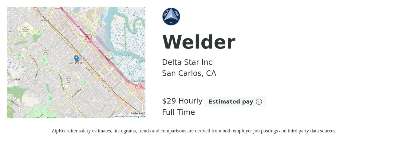 Delta Star Inc job posting for a Welder in San Carlos, CA with a salary of $24 to $31 Hourly with a map of San Carlos location.