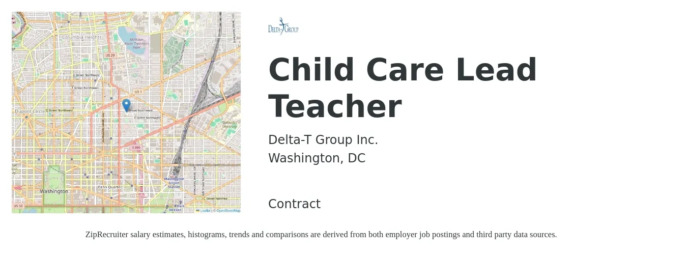 Delta-T Group Inc. job posting for a Child Care Lead Teacher in Washington, DC with a salary of $16 to $20 Hourly with a map of Washington location.