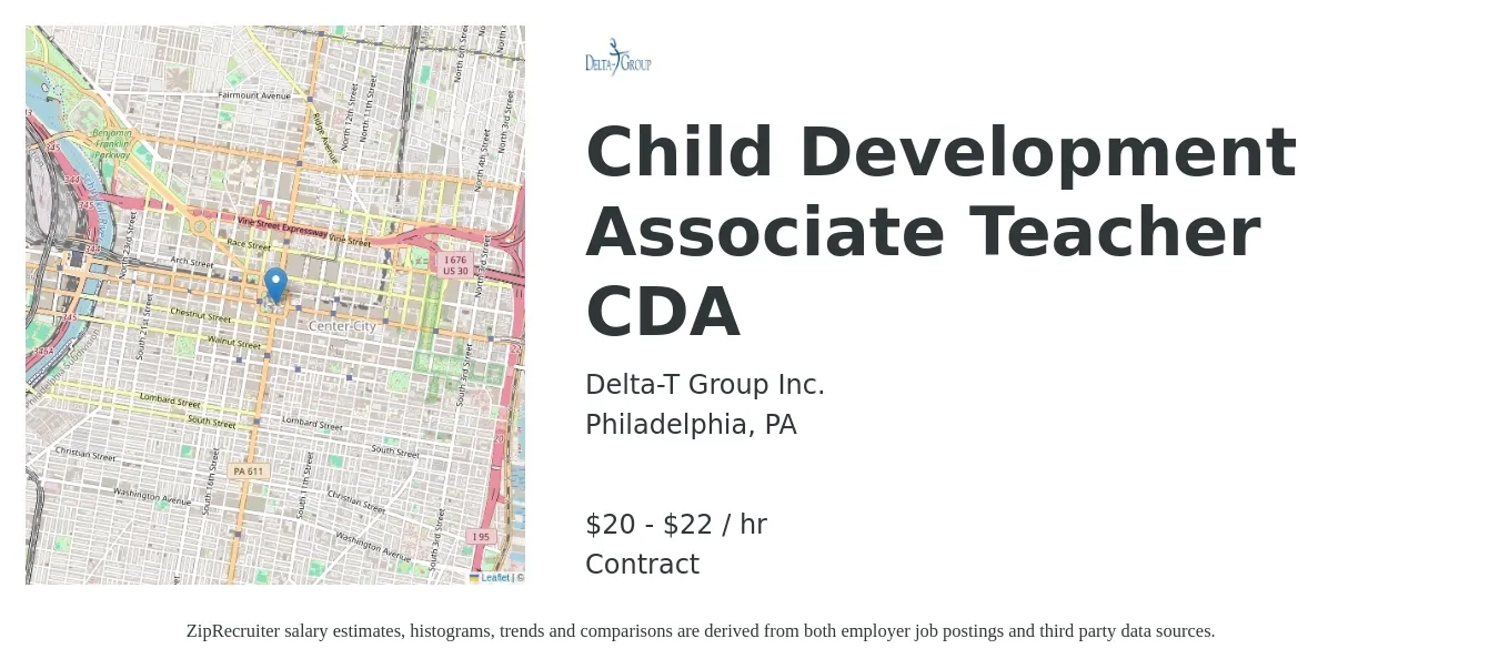 Delta-T Group Inc. job posting for a Child Development Associate Teacher CDA in Philadelphia, PA with a salary of $21 to $23 Hourly with a map of Philadelphia location.