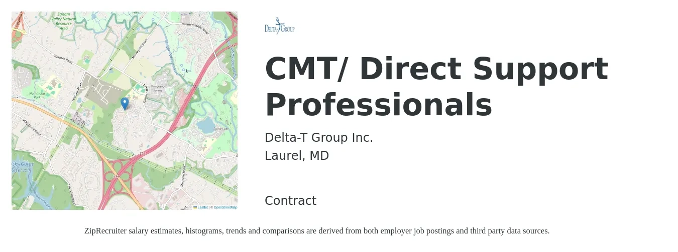 Delta-T Group Inc. job posting for a CMT/ Direct Support Professionals in Laurel, MD with a salary of $15 to $18 Hourly with a map of Laurel location.