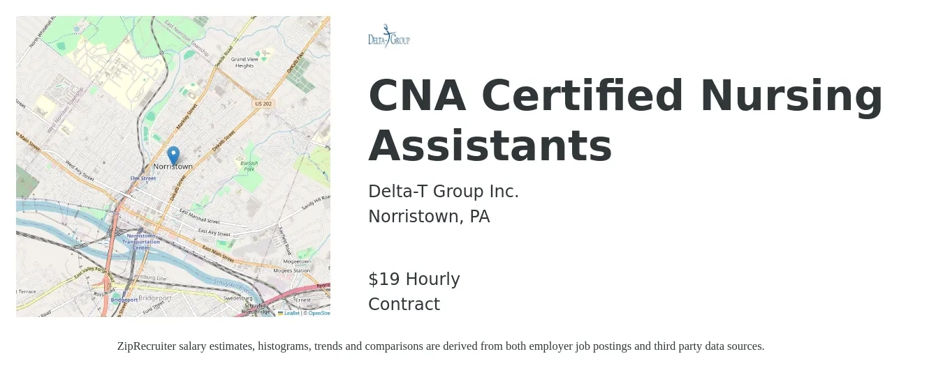 Delta-T Group Inc. job posting for a CNA Certified Nursing Assistants in Norristown, PA with a salary of $20 Hourly with a map of Norristown location.