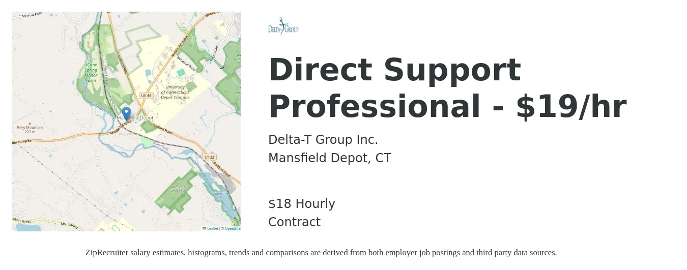 Delta-T Group Inc. job posting for a Direct Support Professional - $19/hr in Mansfield Depot, CT with a salary of $19 Hourly with a map of Mansfield Depot location.
