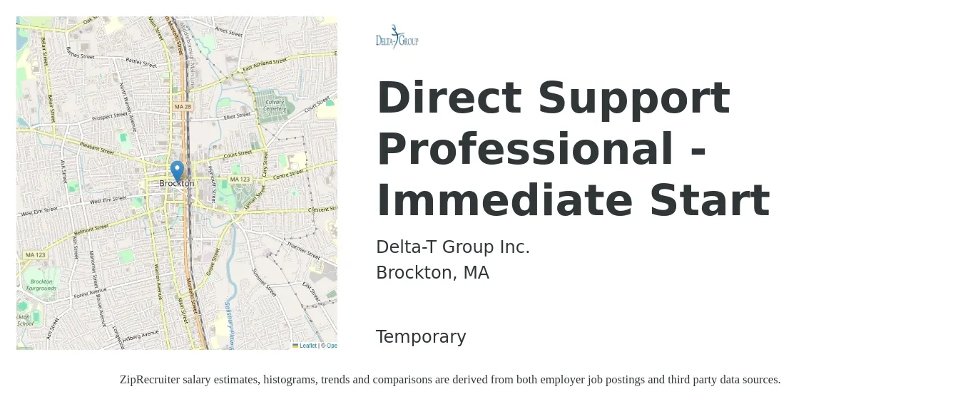 Delta-T Group Inc. job posting for a Direct Support Professional - Immediate Start in Brockton, MA with a salary of $15 to $18 Hourly with a map of Brockton location.
