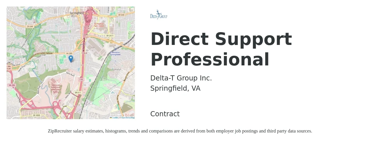 Delta-T Group Inc. job posting for a Direct Support Professional in Springfield, VA with a salary of $16 to $19 Hourly with a map of Springfield location.