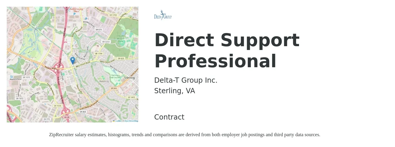 Delta-T Group Inc. job posting for a Direct Support Professional in Sterling, VA with a salary of $15 to $18 Hourly with a map of Sterling location.