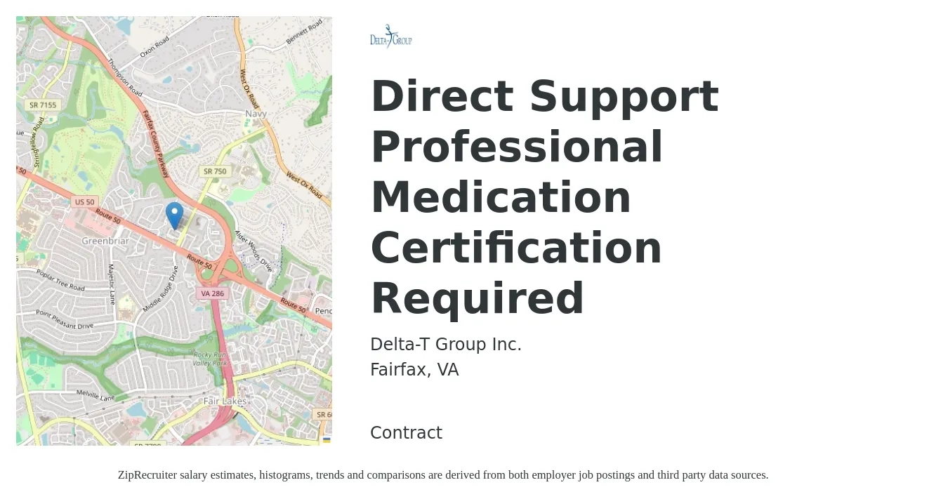 Delta-T Group Inc. job posting for a Direct Support Professional Medication Certification Required in Fairfax, VA with a salary of $15 to $19 Hourly with a map of Fairfax location.