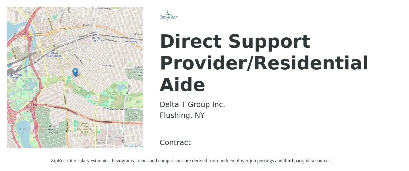 Delta-T Group Inc. job posting for a Direct Support Provider/Residential Aide in Flushing, NY with a salary of $14 to $19 Hourly with a map of Flushing location.
