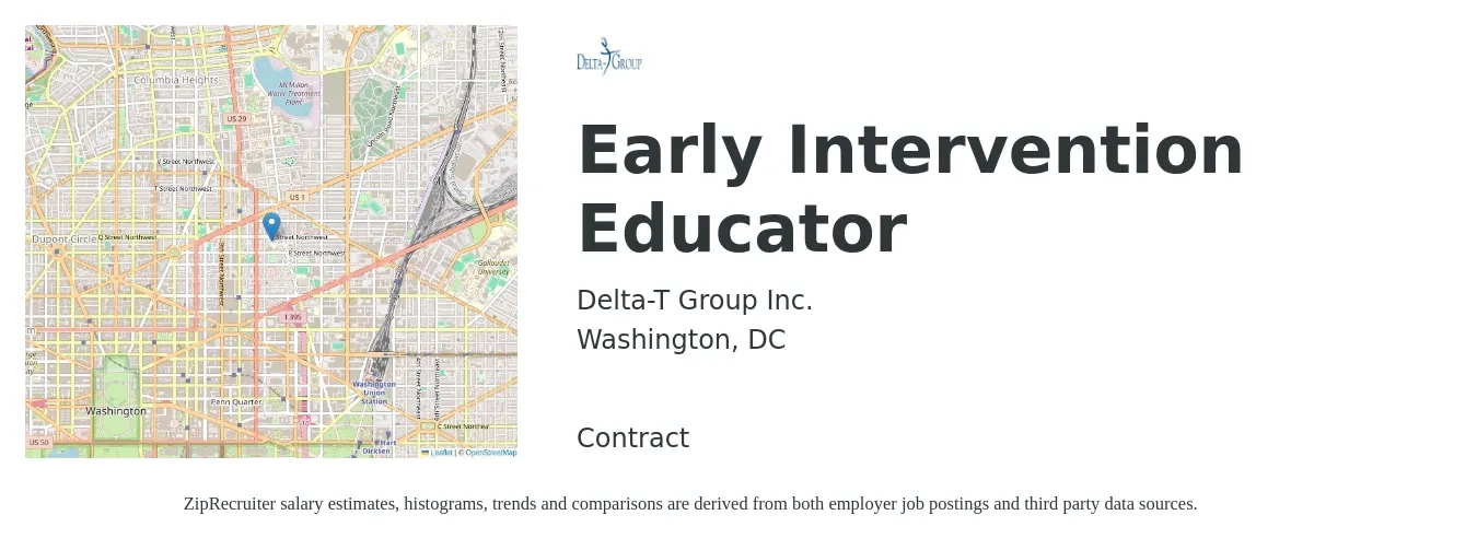 Delta-T Group Inc. job posting for a Early Intervention Educator in Washington, DC with a salary of $53,200 to $68,000 Yearly with a map of Washington location.
