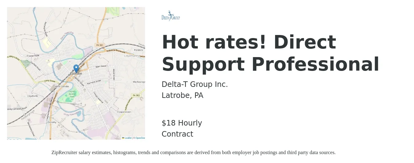 Delta-T Group Inc. job posting for a Hot rates! Direct Support Professional in Latrobe, PA with a salary of $19 Hourly with a map of Latrobe location.