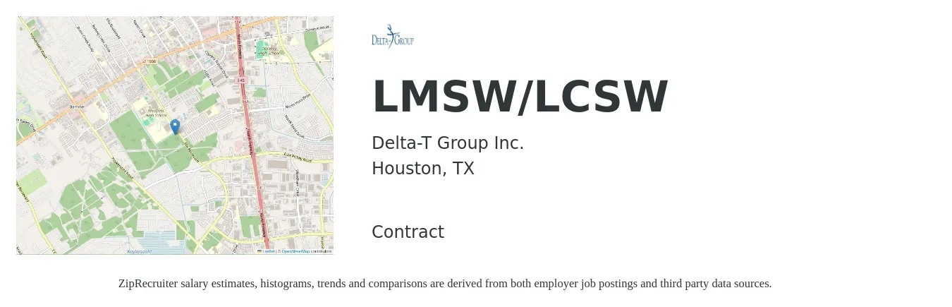 Delta-T Group Inc. job posting for a LMSW/LCSW in Houston, TX with a salary of $31 to $56 Hourly with a map of Houston location.