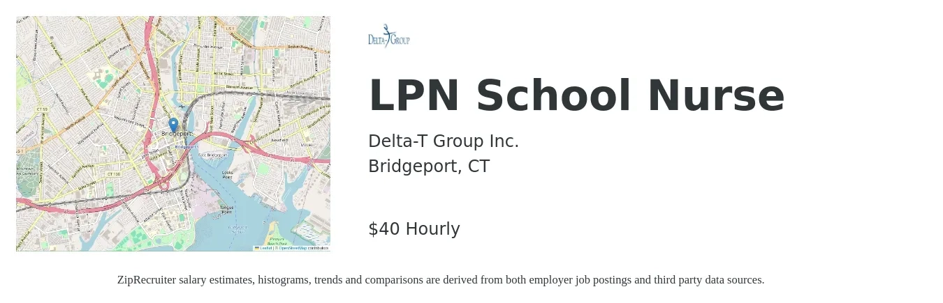 Delta-T Group Inc. job posting for a LPN School Nurse in Bridgeport, CT with a salary of $42 Hourly with a map of Bridgeport location.