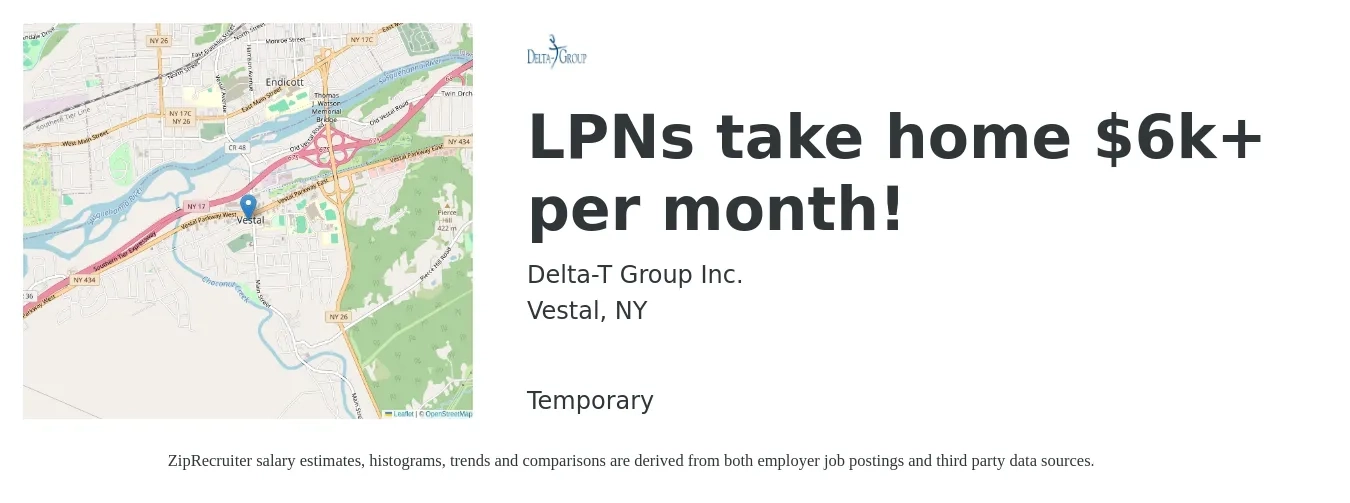 Delta-T Group Inc. job posting for a LPNs take home $6k+ per month! in Vestal, NY with a salary of $6,000 Monthly with a map of Vestal location.