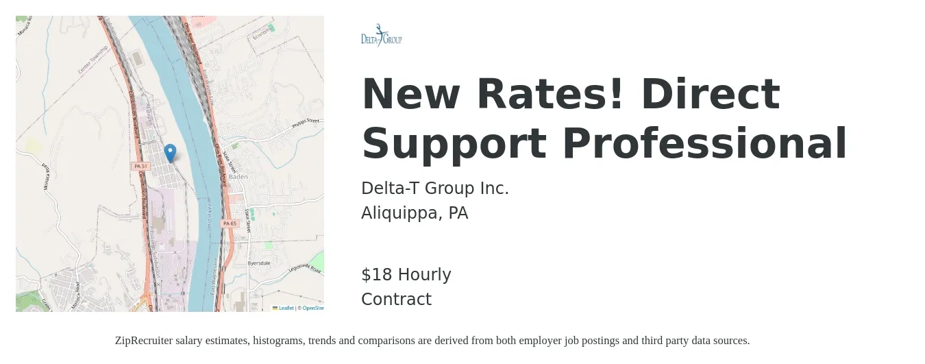 Delta-T Group Inc. job posting for a New Rates! Direct Support Professional in Aliquippa, PA with a salary of $19 Hourly with a map of Aliquippa location.