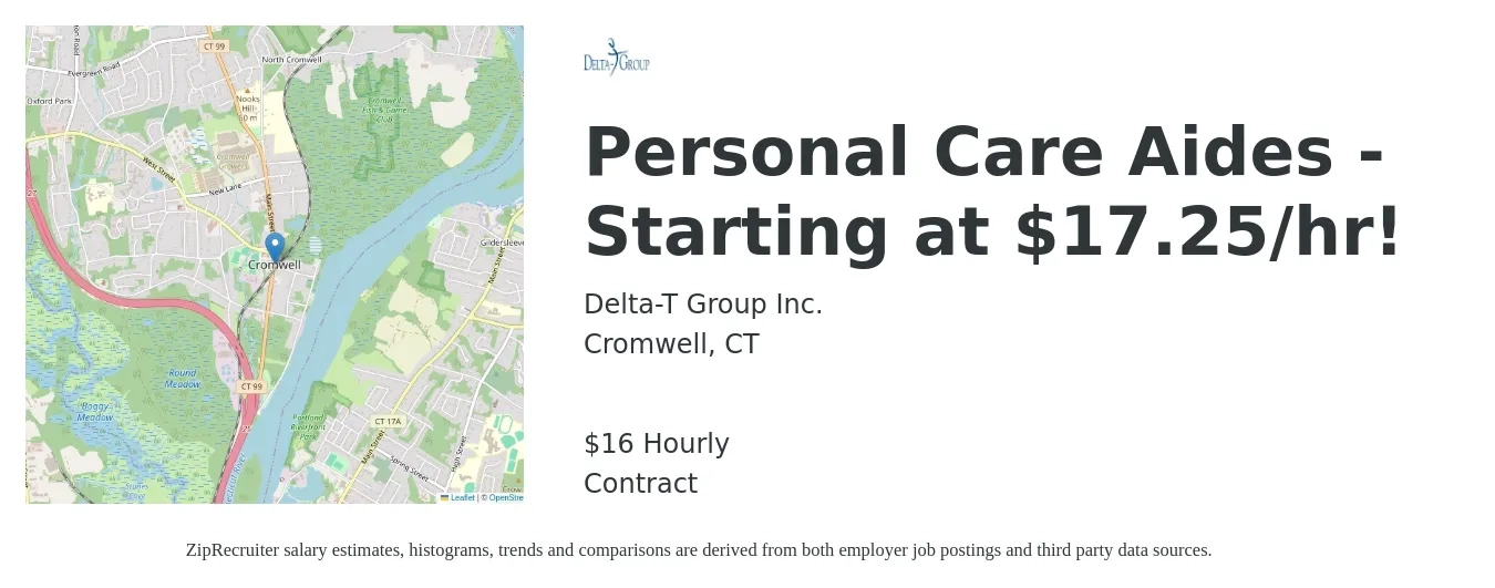 Delta-T Group Inc. job posting for a Personal Care Aides - Starting at $17.25/hr! in Cromwell, CT with a salary of $17 Hourly with a map of Cromwell location.