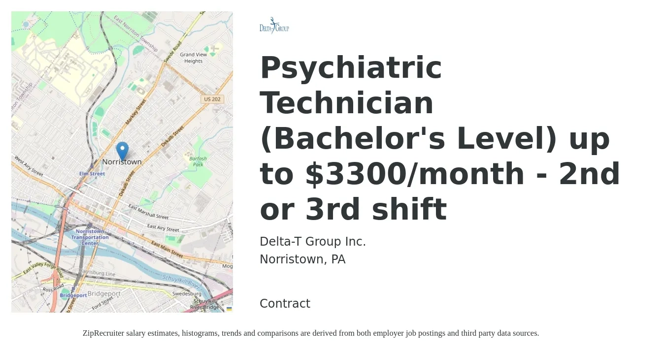 Delta-T Group Inc. job posting for a Psychiatric Technician (Bachelor's Level) up to $3300/month - 2nd or 3rd shift in Norristown, PA with a salary of $3,300 Monthly with a map of Norristown location.